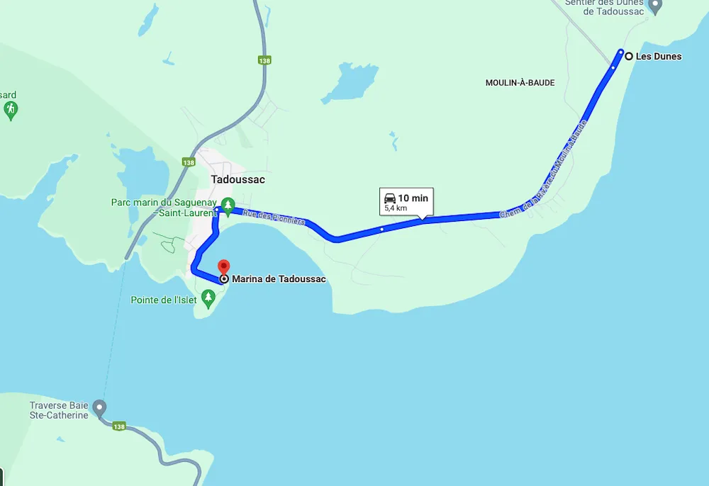 Trajeto até as dunas de Tadoussac – Fonte: Google Maps