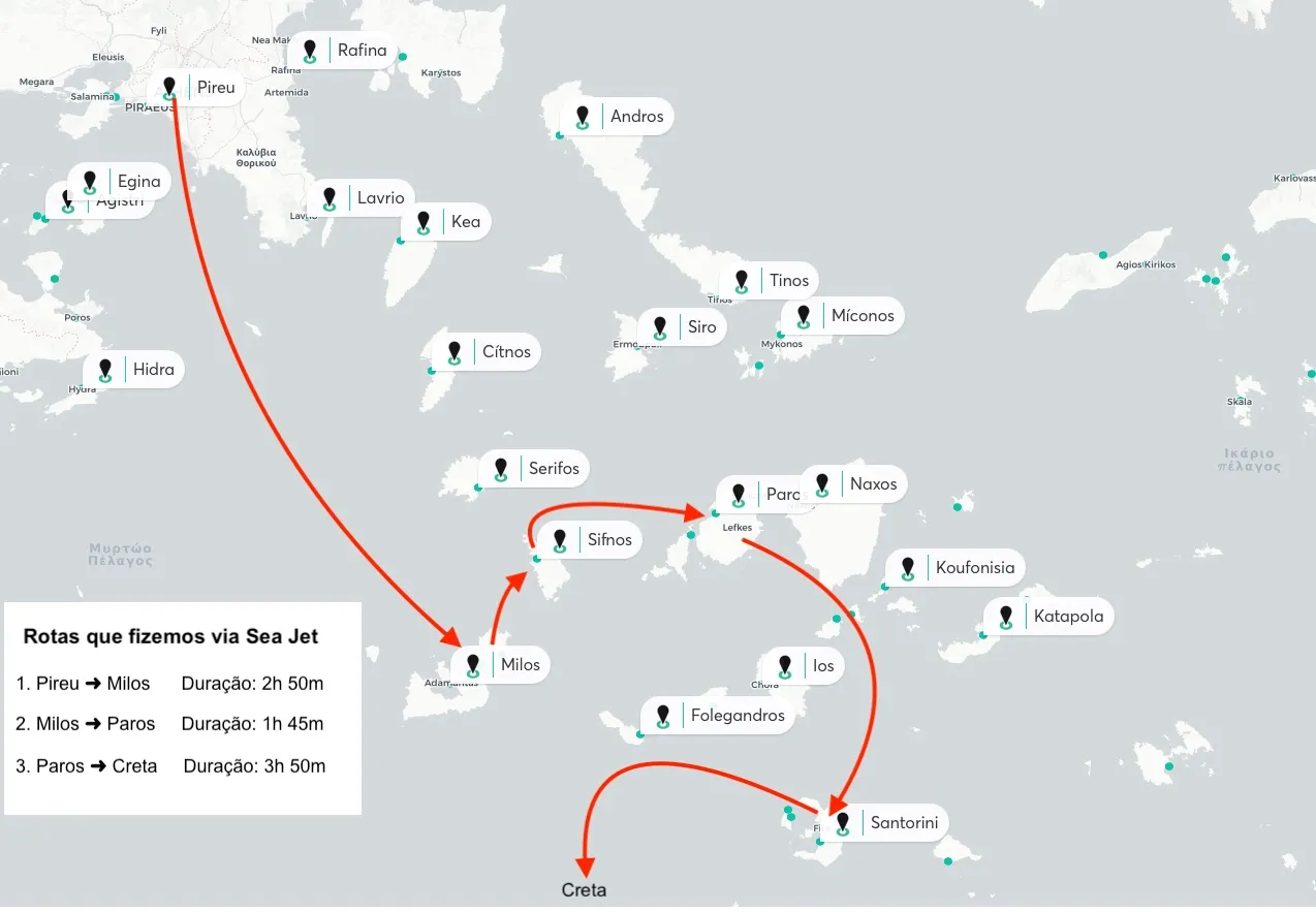 Mapa com rotas que fizemos na Sea Jet