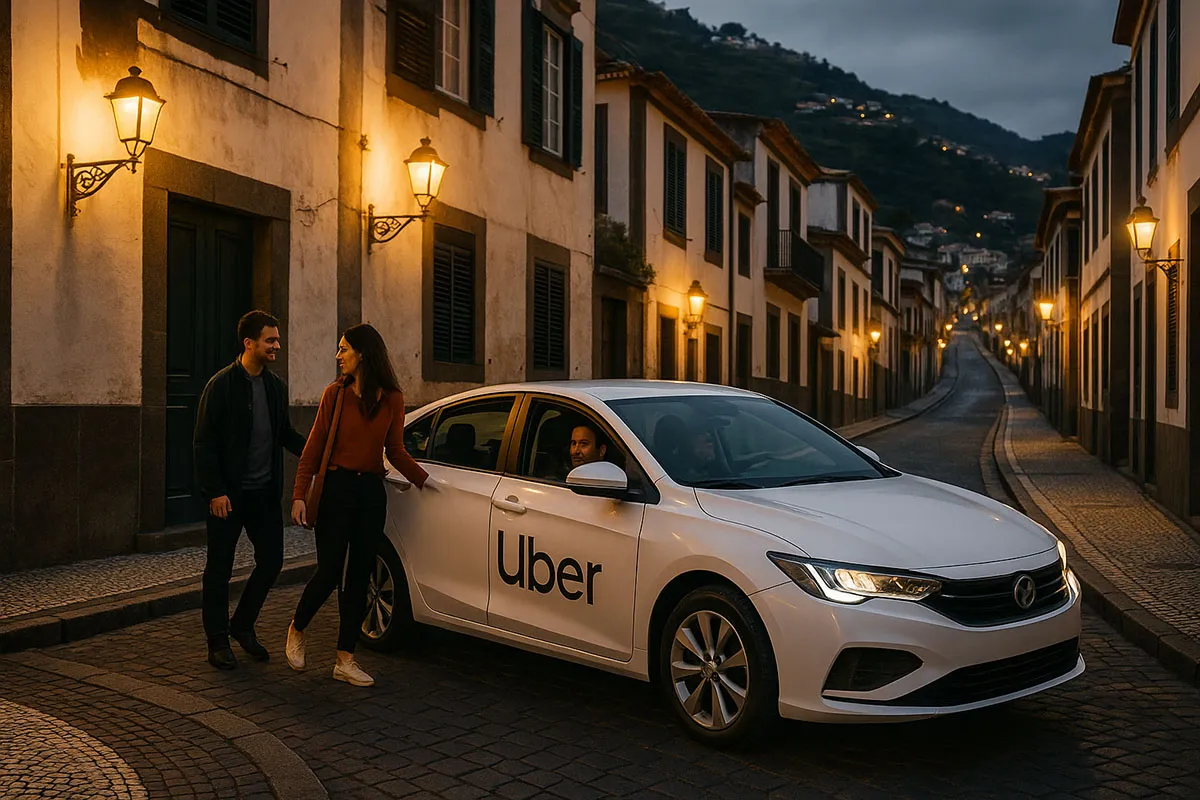 Casal em rua com carro Uber
