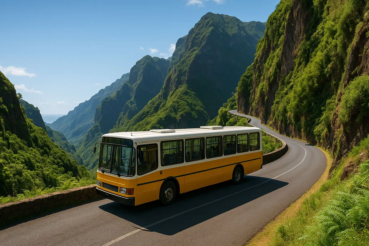 ônibus amarelo em estrada montanhosa