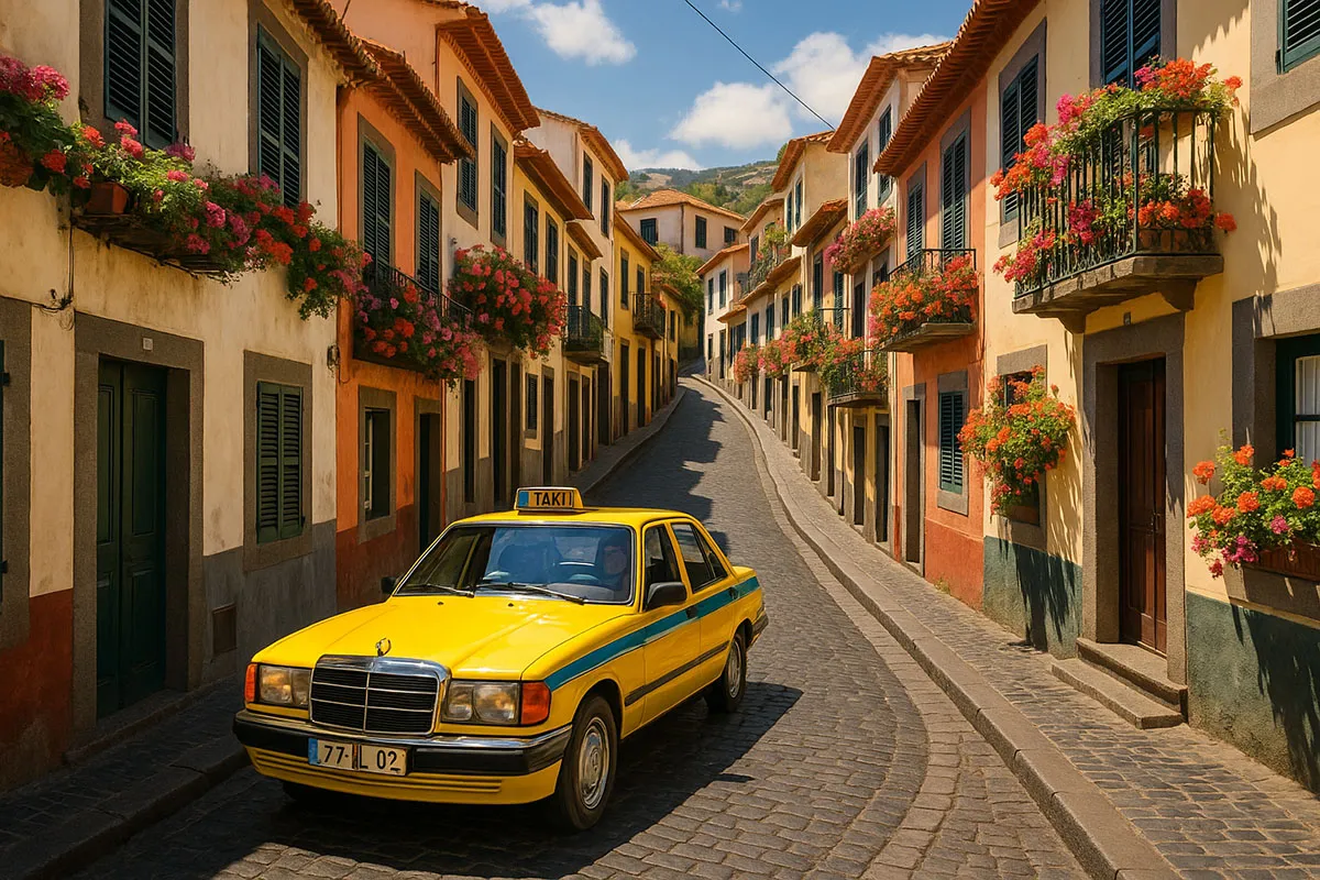 Taxi amarelo em rua pitoresca