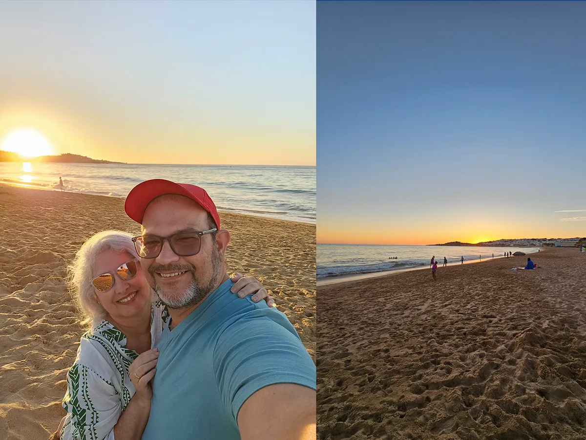 Casal na praia ao pôr do sol.