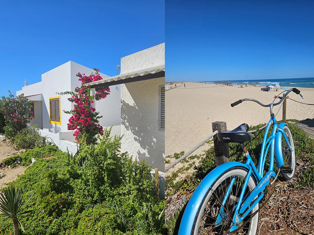 Casa com flores e praia ao fundo