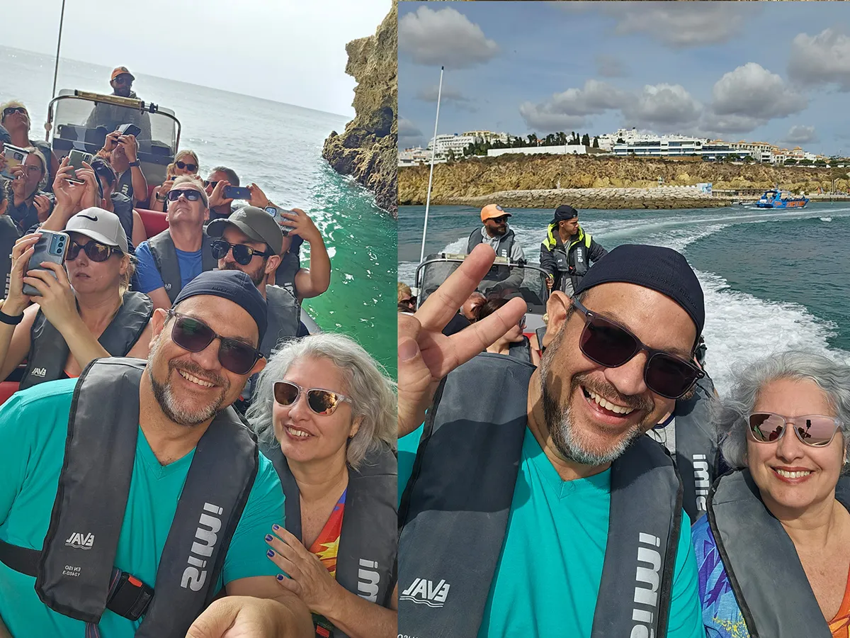 Grupo sorridente em passeio de barco.