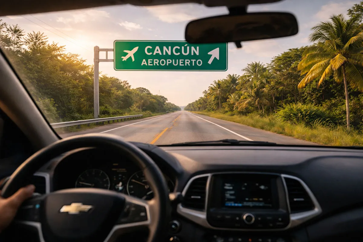 Estrada com sinalização em direção ao Aeroporto Internacional de Cancún