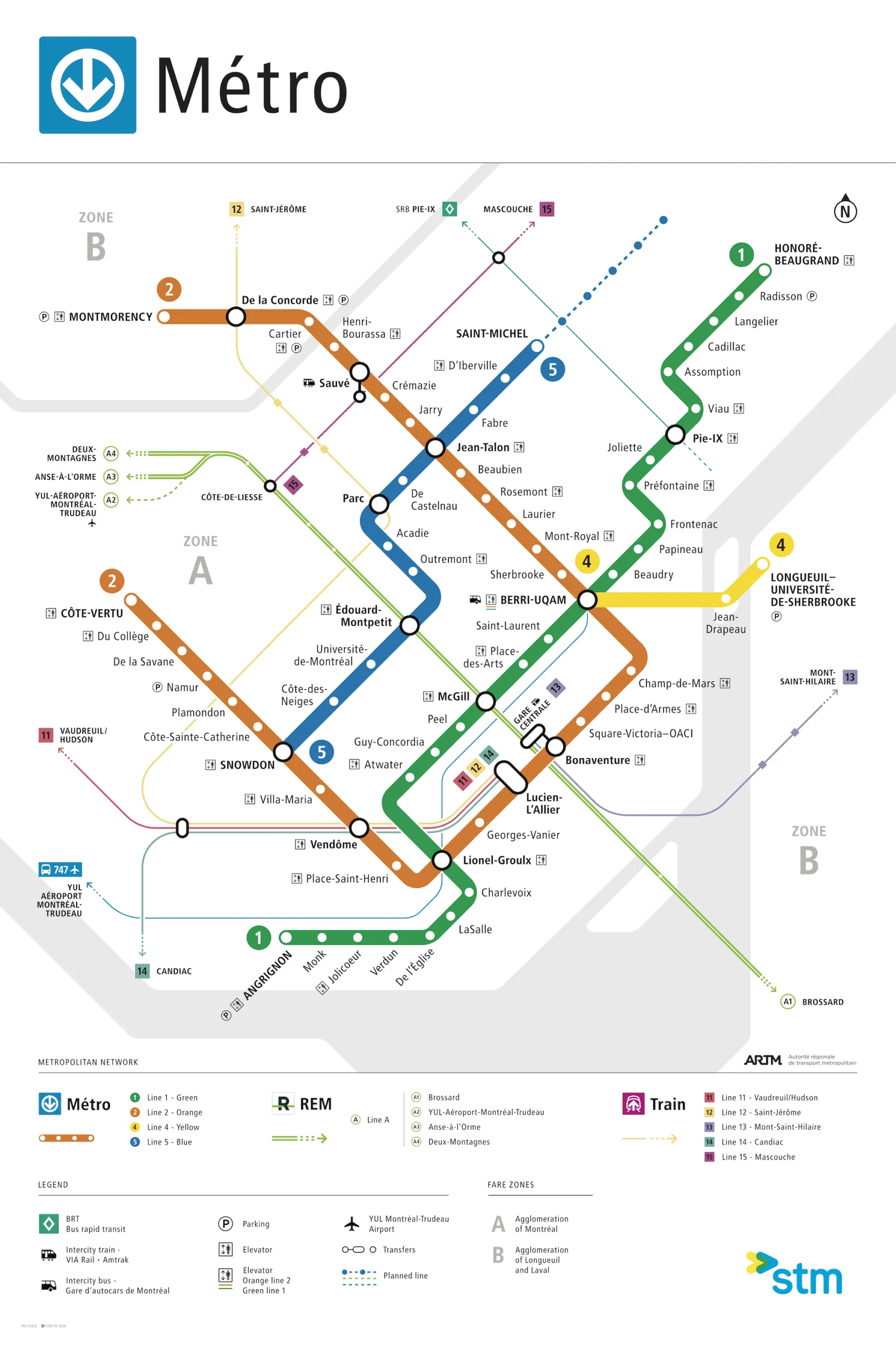 Mapa do metrô de Montreal mostrando as quatro linhas coloridas de transporte público