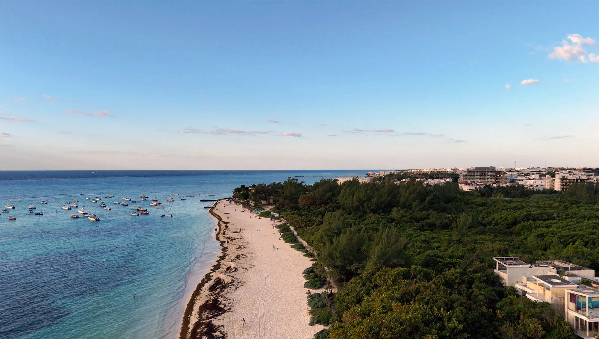 Praia de Playa del Carmen com faixa de areia recuada e água com sargaço