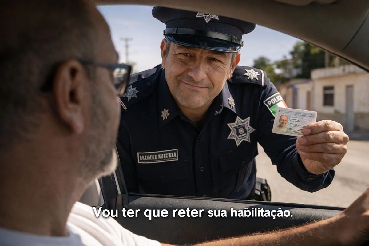 Policial de trânsito retendo carteira de motorista de turista no México